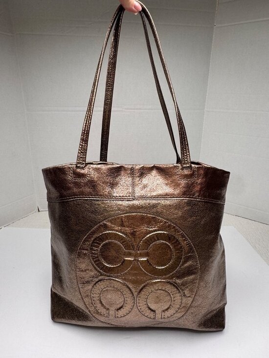 Handbags - COACH Bag Op Art Julia Perry Metallic Gold Leather Laura Embossed Tote Purse